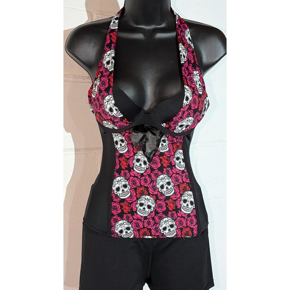 Lovesick Skull Rose Print Halter Tank Top Corset Gothic Rockabilly Pinup Medium